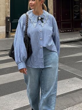 Sister Jane Powder Blue Ruffle Collar Pearl-Button Blouse